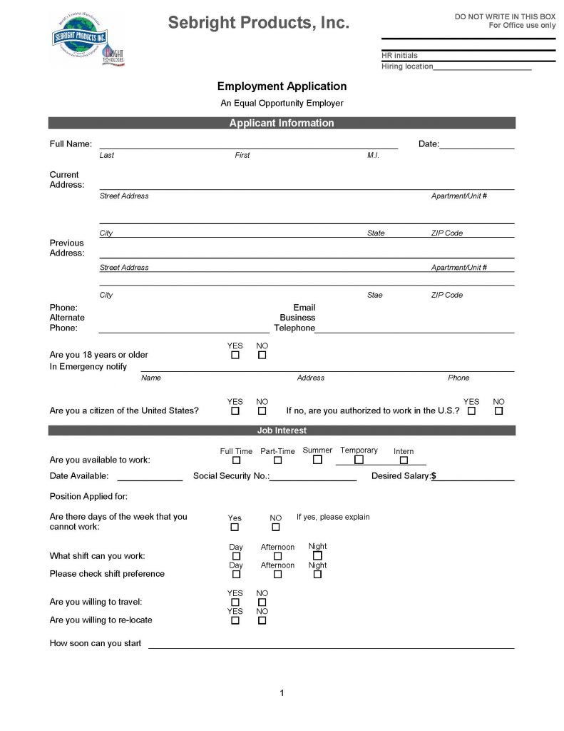 Employment application - Sebright Products Inc